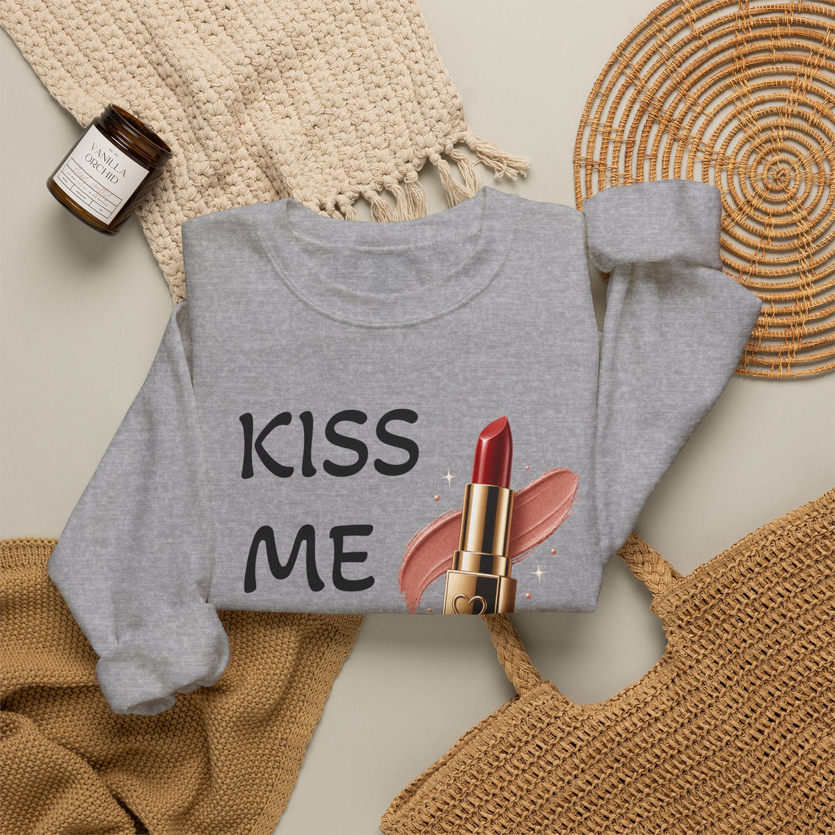 Kiss Me Baby Lipstick Crewneck Sweatshirt — Romantic Valentine’s Graphic Pullover