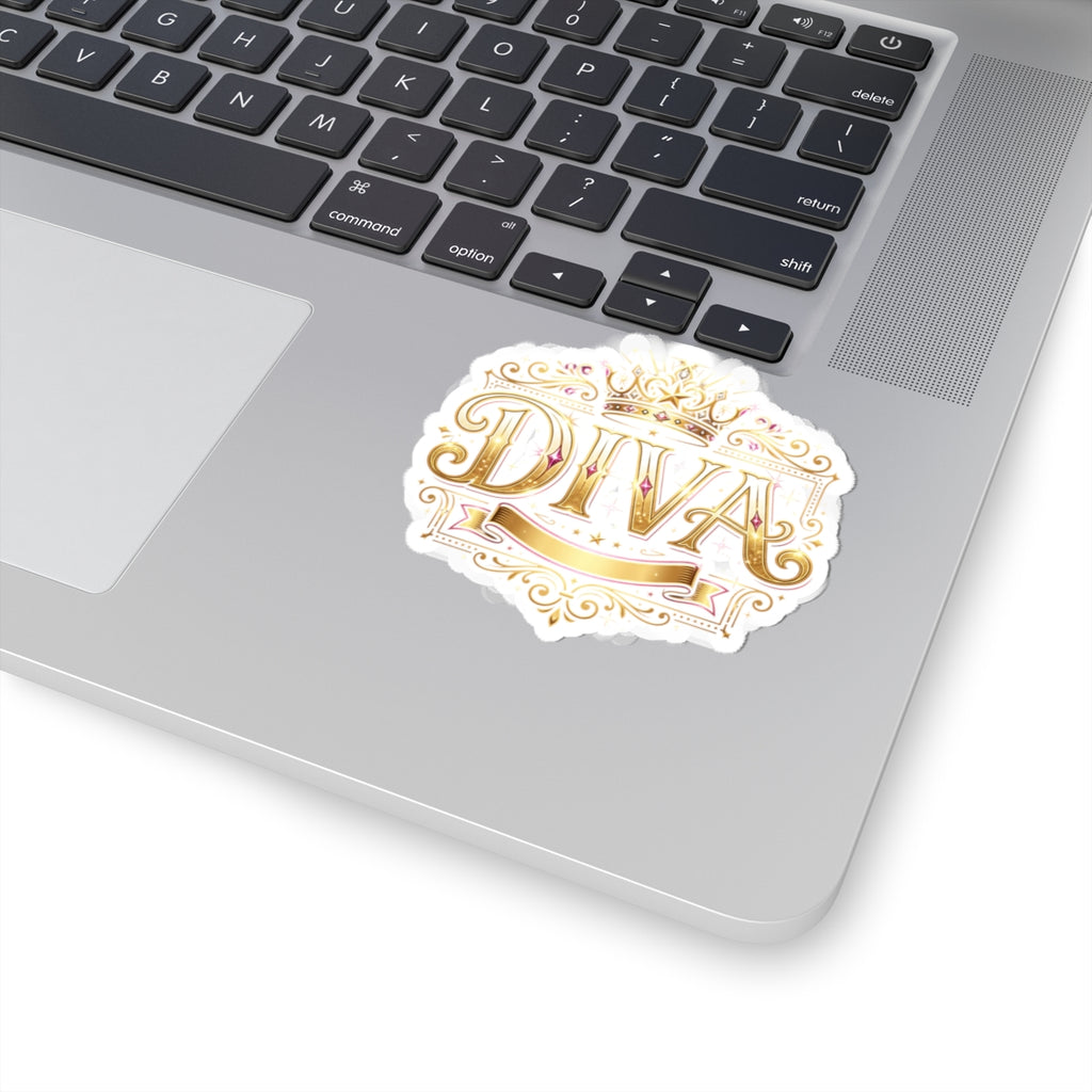 Diva Gold Crown Kiss-Cut Sticker — Glamorous Metallic Script Decal for Laptops, Journals & Gifts