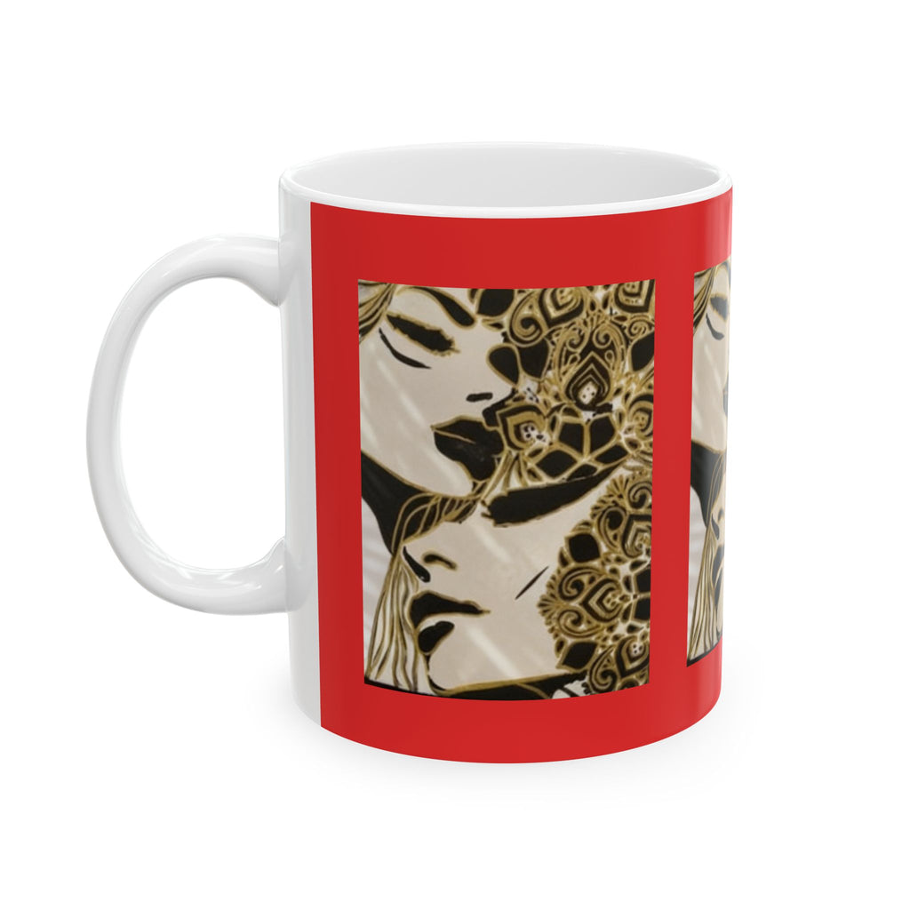 Art Nouveau Portrait Ceramic Mug — Gold Floral Woman Design (11oz/15oz)