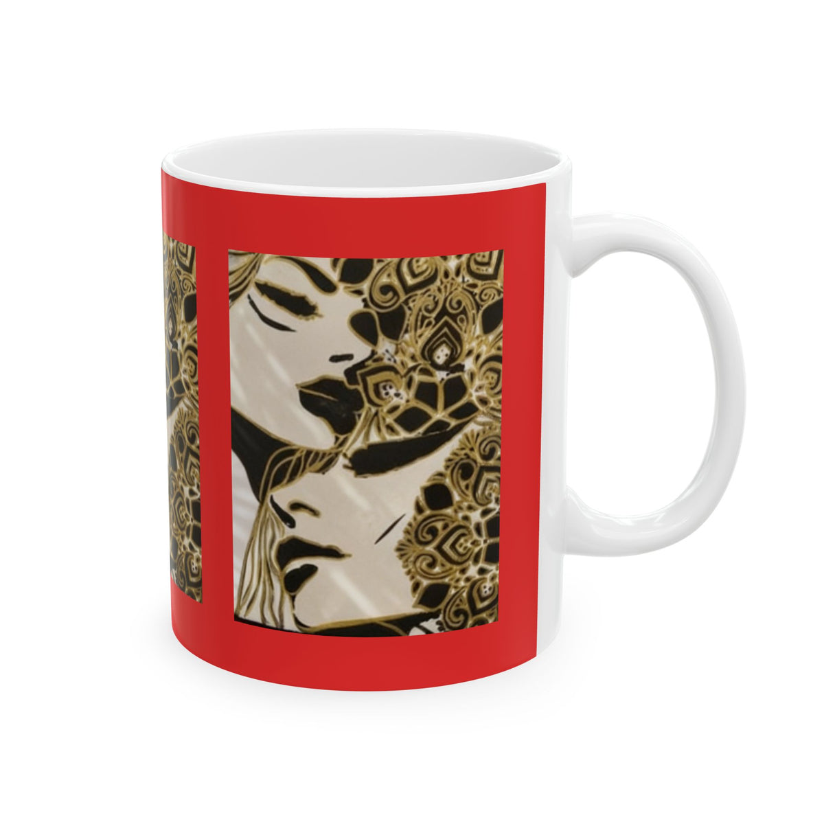 Art Nouveau Portrait Ceramic Mug — Gold Floral Woman Design (11oz/15oz)