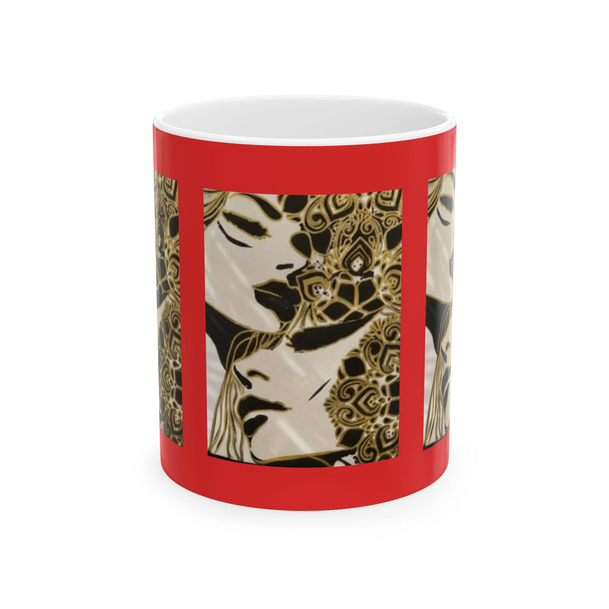Art Nouveau Portrait Ceramic Mug — Gold Floral Woman Design (11oz/15oz)