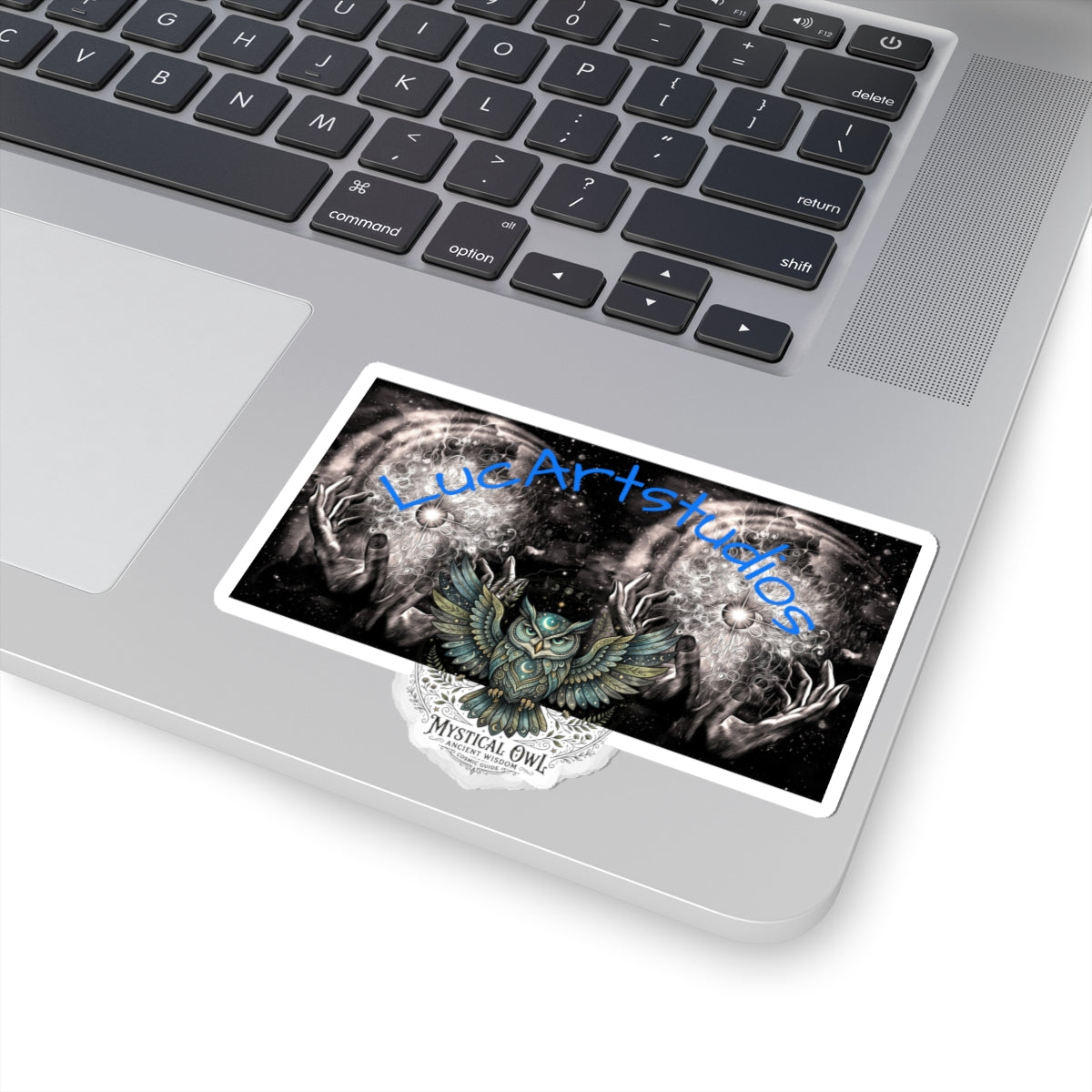 Mystical Owl & Magic Hands Kiss-Cut Sticker — LucArtstudios Logo