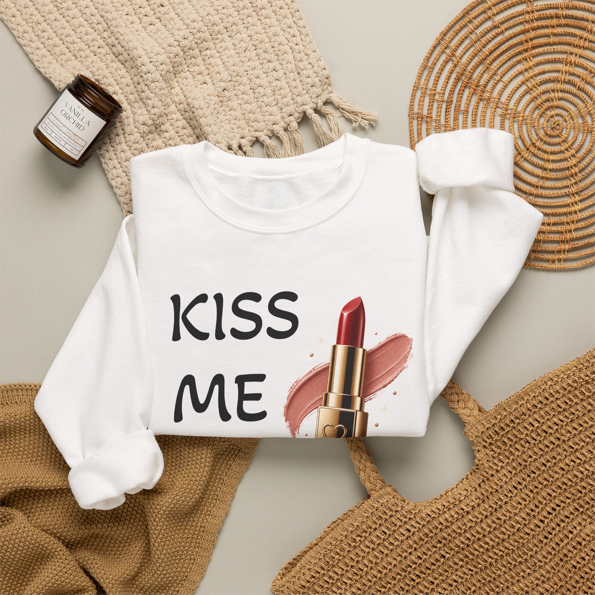 Kiss Me Baby Lipstick Crewneck Sweatshirt — Romantic Valentine’s Graphic Pullover