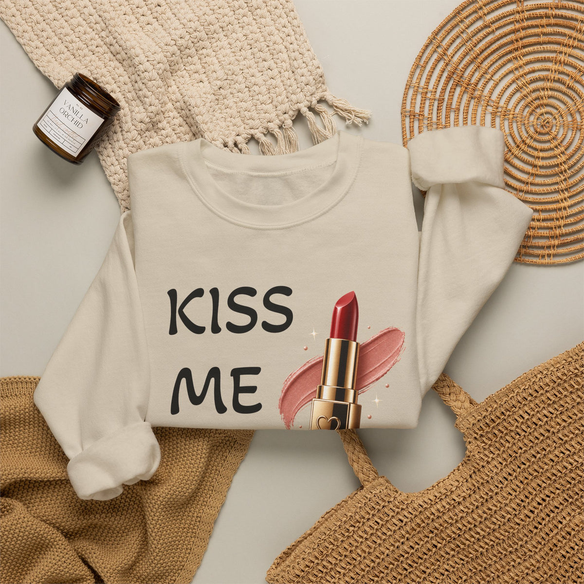 Kiss Me Baby Lipstick Crewneck Sweatshirt — Romantic Valentine’s Graphic Pullover