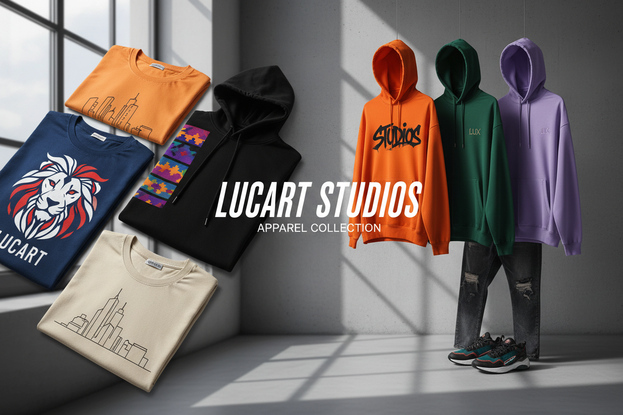 A promotional collage for the Lucart Studios Apparel Collection showing multiple clothing items: folded T-shirts and hoodies in orange, black, navy, green, purple, and cream, plus three hanging hoodies in orange, green, and purple with jeans and sneakers. Large text reads 'LUCART STUDIOS APPAREL COLLECTION.