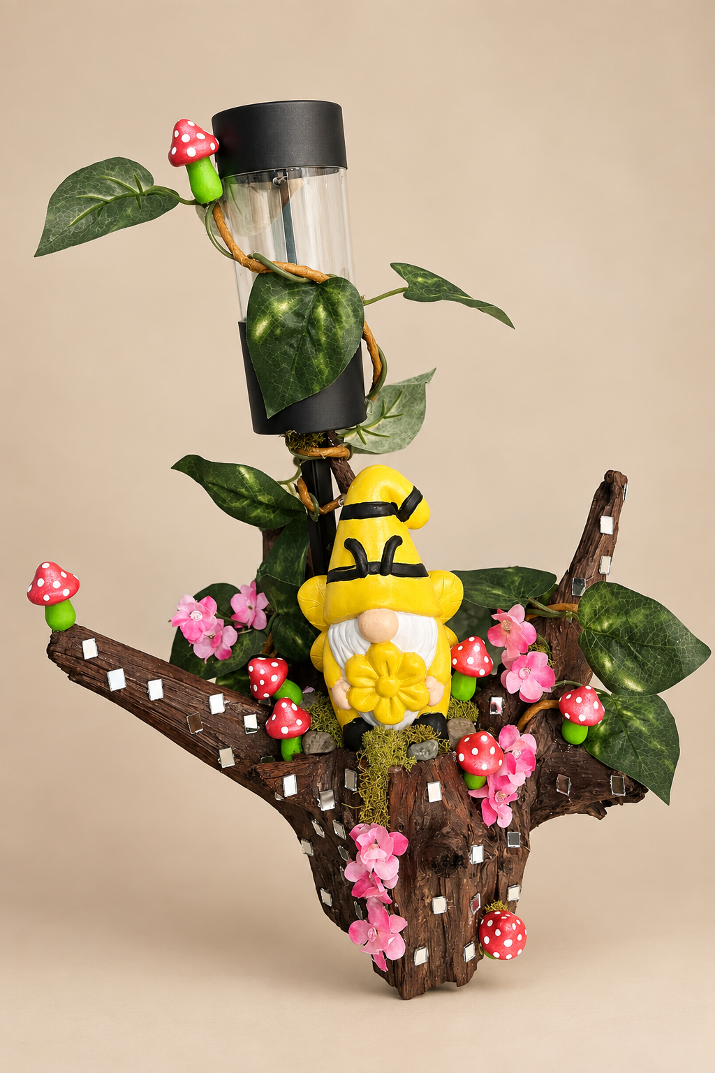 Edited woodland gnome woodwork in a neutral studio background