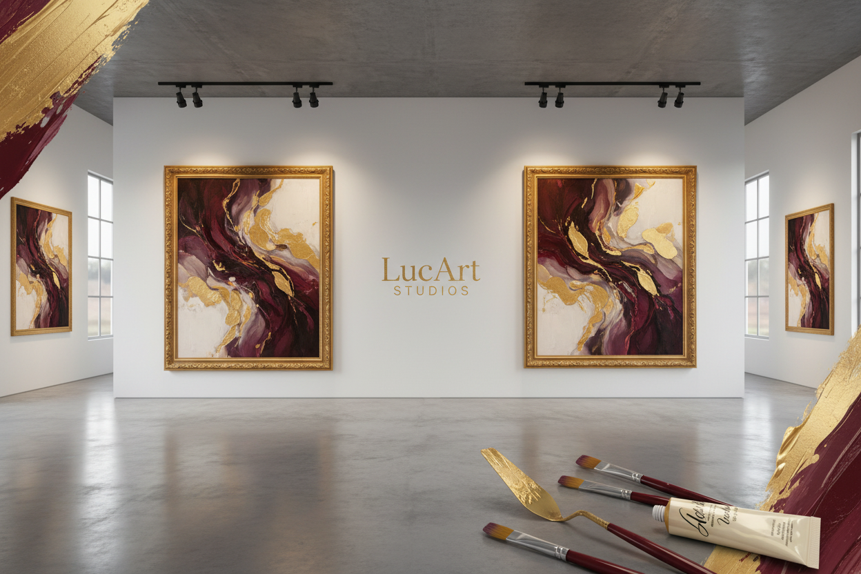 A modern art gallery interior with two large framed abstract paintings featuring deep burgundy, gold, and cream swirls. The gallery has a white wall with the logo 'LucArt STUDIOS' in the center, a polished gray floor, and track lighting overhead.