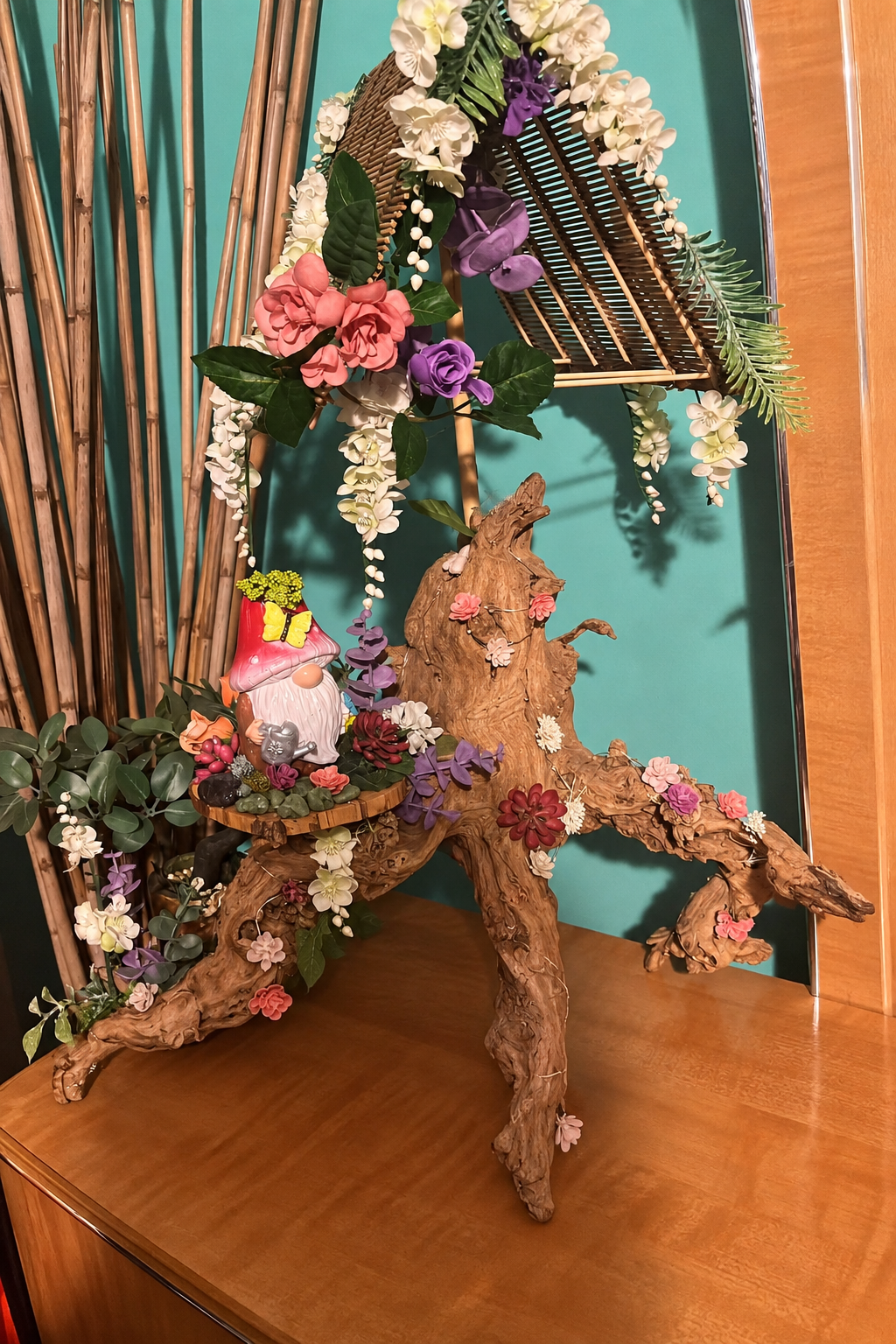 Handmade woodwork display with bunny figures removed