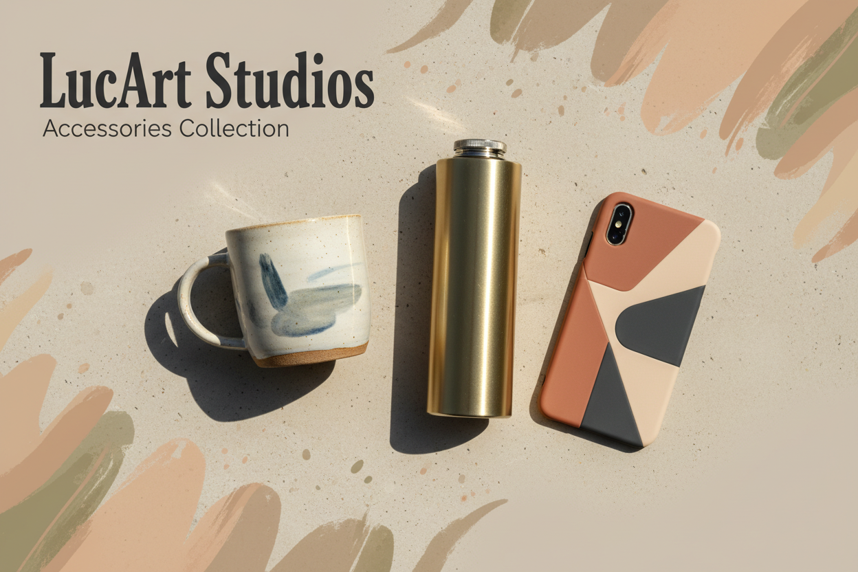 Three styled accessories from the LucArt Studios Accessories Collection are arranged on a beige textured background with paint strokes: a white ceramic mug with blue brushstrokes, a metallic gold cylindrical bottle, and a geometric phone case in terracotta, beige, and dark gray.