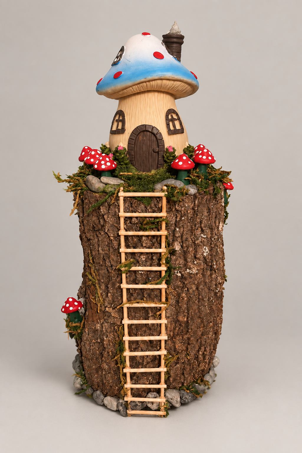 Mushroom-house woodwork with a neutral studio background
